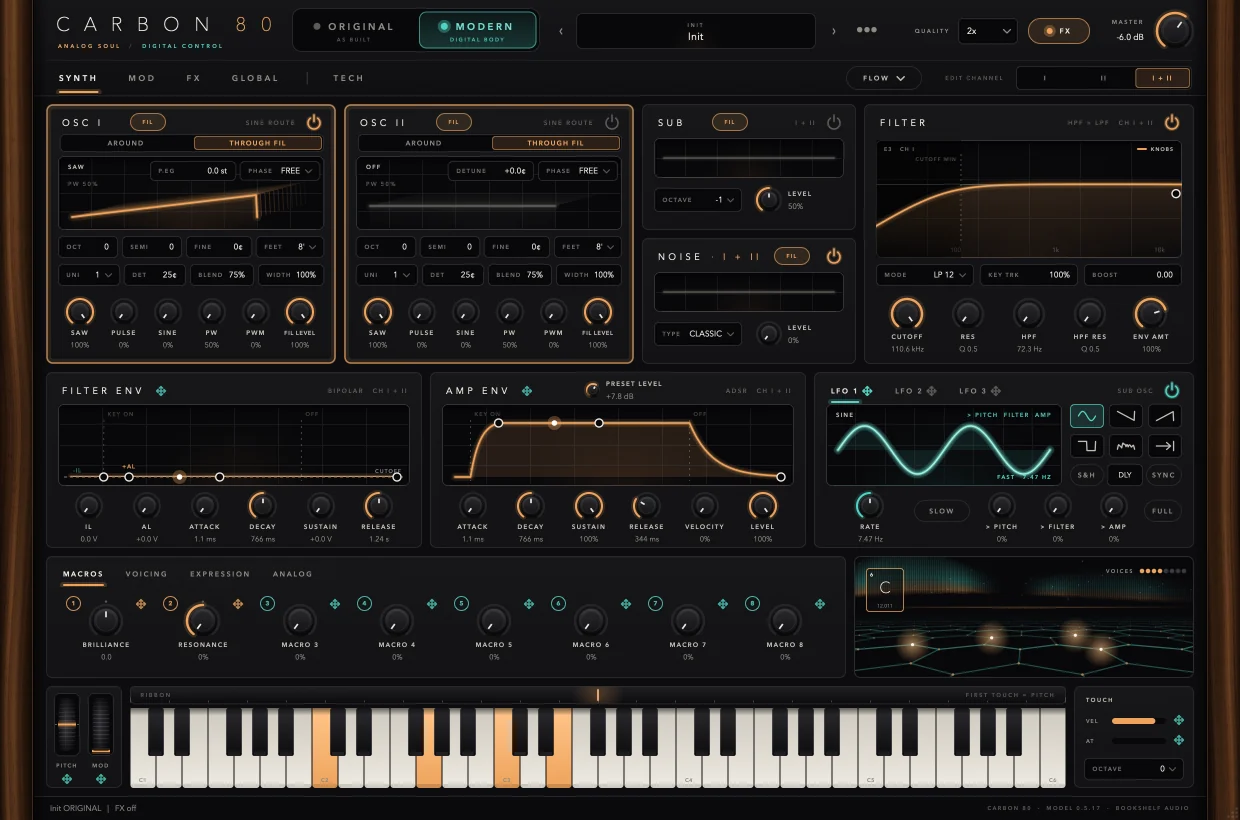Carbon 80, MODERN panel: two channels, filter, envelopes, LFOs, macros and keyboard